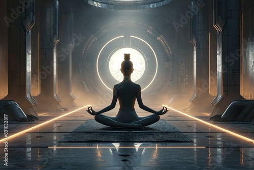 meditation, in the style of futuristic imagery, solarizing master, mind relaxation practise. photo