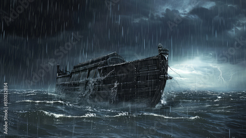 Noah's Ark enduring the torrential rain amidst the floodwaters