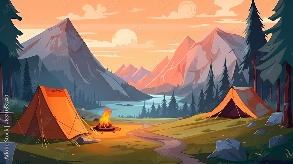 Vector camping tent in the forest.Summer camp with bonfire, tent, backpack . cartoon landscape with mountain, forest and campsite. Vector camping tent in the forest.Summer camp with bonfire, tent, backpack . cartoon landscape with mountain, forest and campsite.