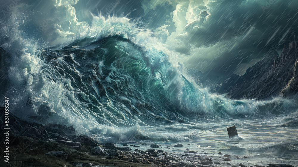 The great flood, deluge. A vast wave slams against the coastline. Illustration. Biblical Scene