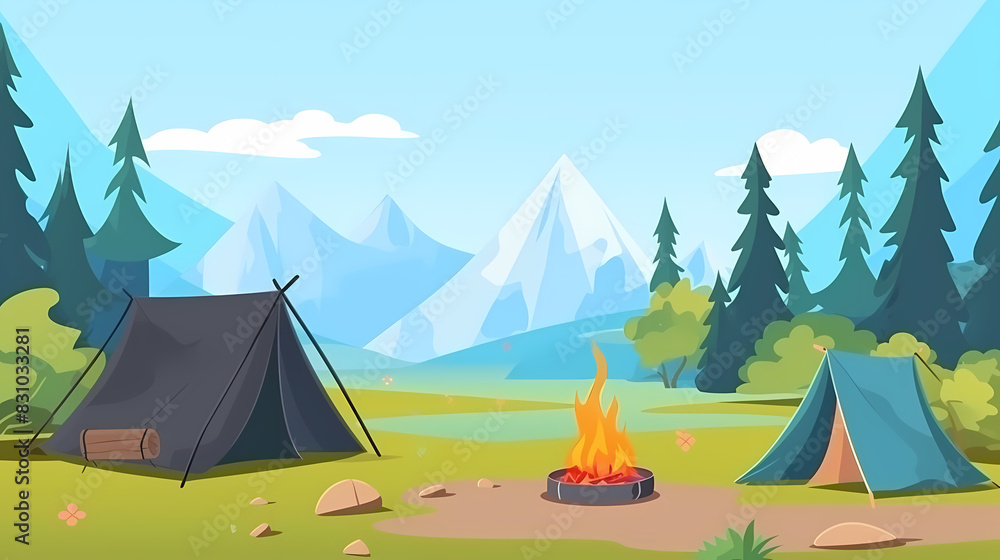 Vector camping tent in the forest.Summer camp with bonfire, tent, backpack . cartoon landscape with mountain, forest and campsite. Vector camping tent in the forest.Summer camp with bonfire, tent, backpack . cartoon landscape with mountain, forest and campsite.