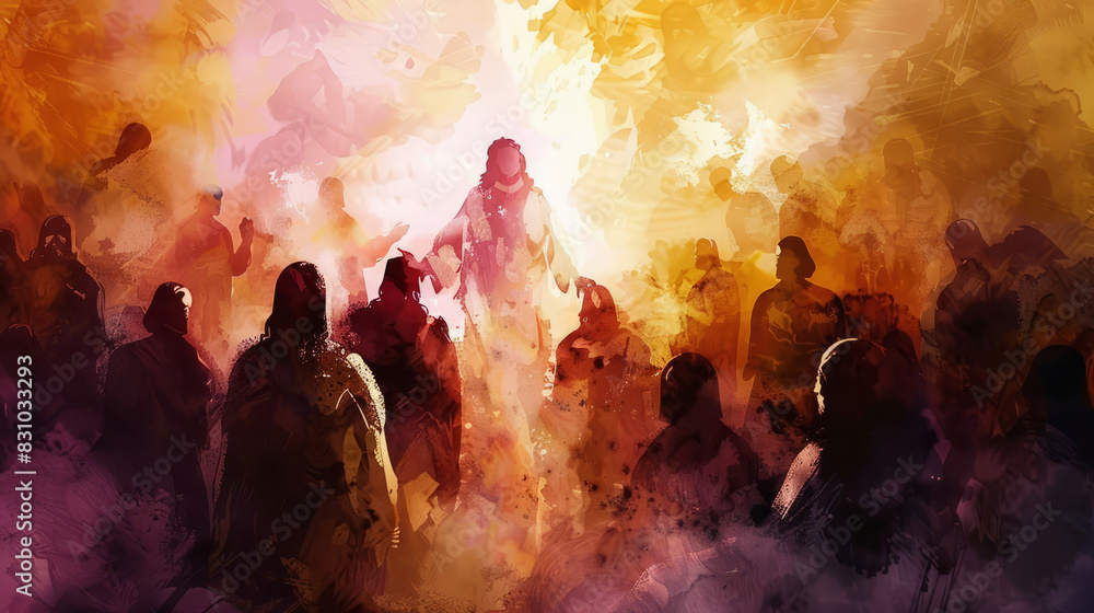 The Resurrection of Jesus, depicted in a digital watercolor painting where he appears to his followers. Life of Jesus.