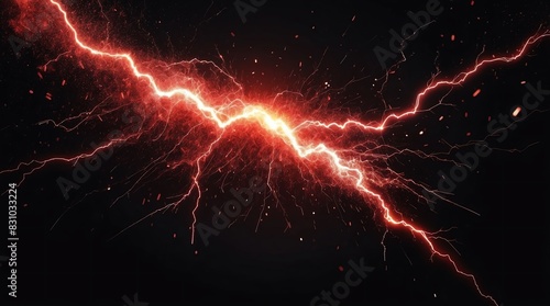 abstract impact of red glowing light particles with lightning sparks on plain black background