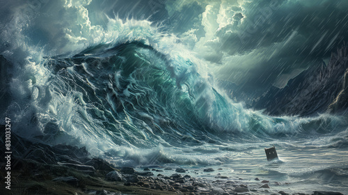 The great flood, deluge. A vast wave slams against the coastline. Illustration. Biblical Scene