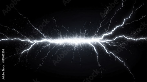 abstract impact of white glowing light particles with lightning sparks on plain black background photo