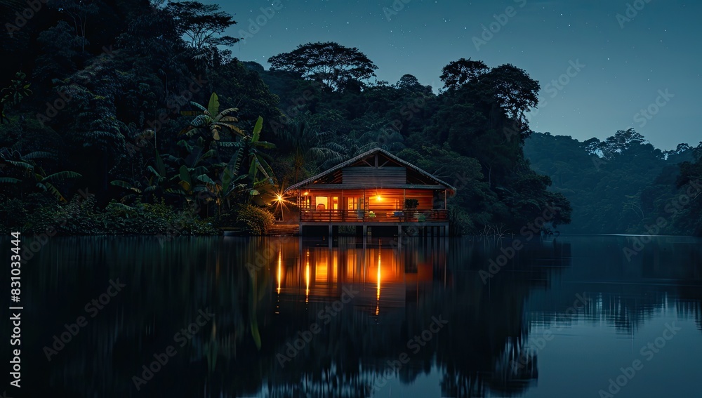 Fototapeta premium Cozy Cabin by the Riverside at Night