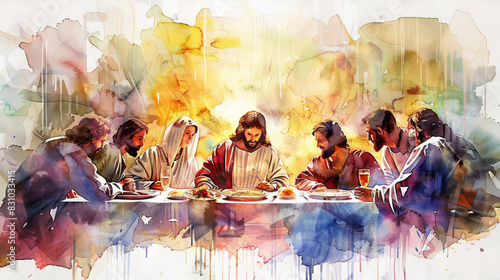 Watercolor Illustration of Jesus at the Last Supper. Holy Maundy Thursday. New Testament Scene. photo