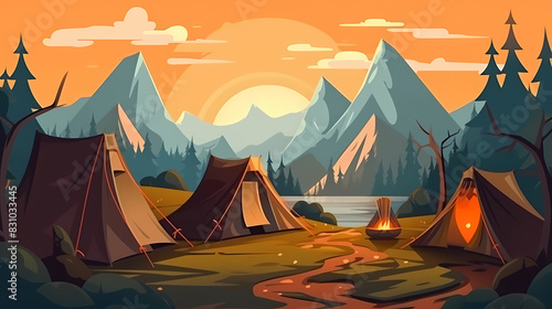 Vector camping tent in the forest.Summer camp with bonfire, tent, backpack . cartoon landscape with mountain, forest and campsite.