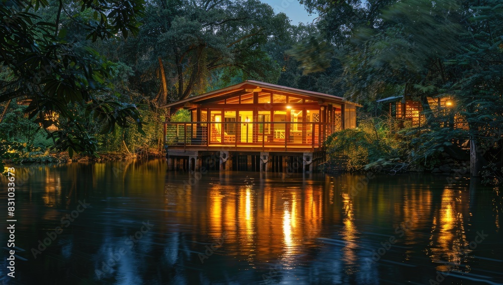 Fototapeta premium a image of a house on stilts over a body of water