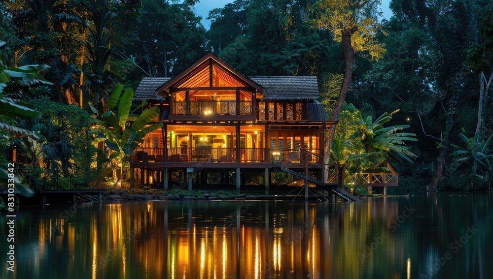 Fototapeta premium a image of a house on stilts in the middle of a lake