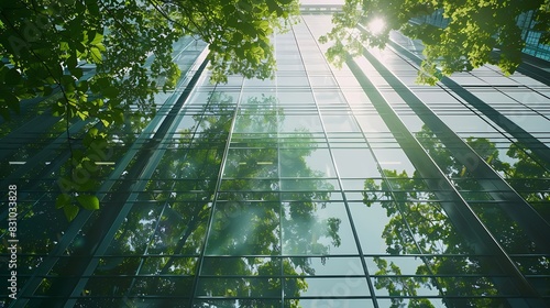 Ecofriendly building in the modern city Sustainable glass office building with trees for reducing heat and carbon dioxide Office building with green environment Corporate building redu : Generative AI photo