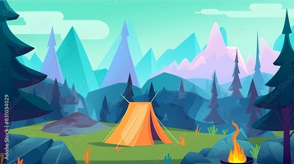 Vector camping tent in the forest.Summer camp with bonfire, tent, backpack . cartoon landscape with mountain, forest and campsite. Vector camping tent in the forest.Summer camp with bonfire, tent, backpack . cartoon landscape with mountain, forest and campsite.