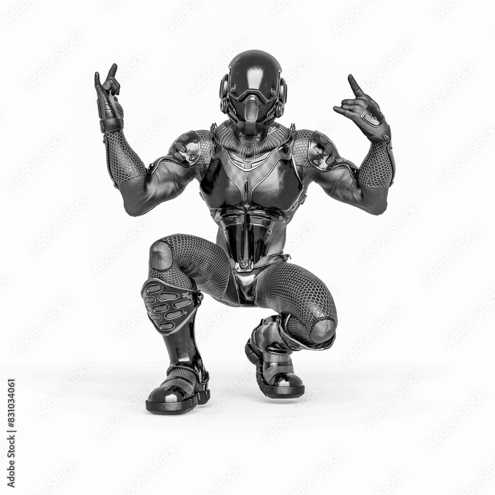 futuristic astronaut is crouched and doing a heavy metal pose in white background futuristic astronaut is crouched and doing a heavy metal pose in white background