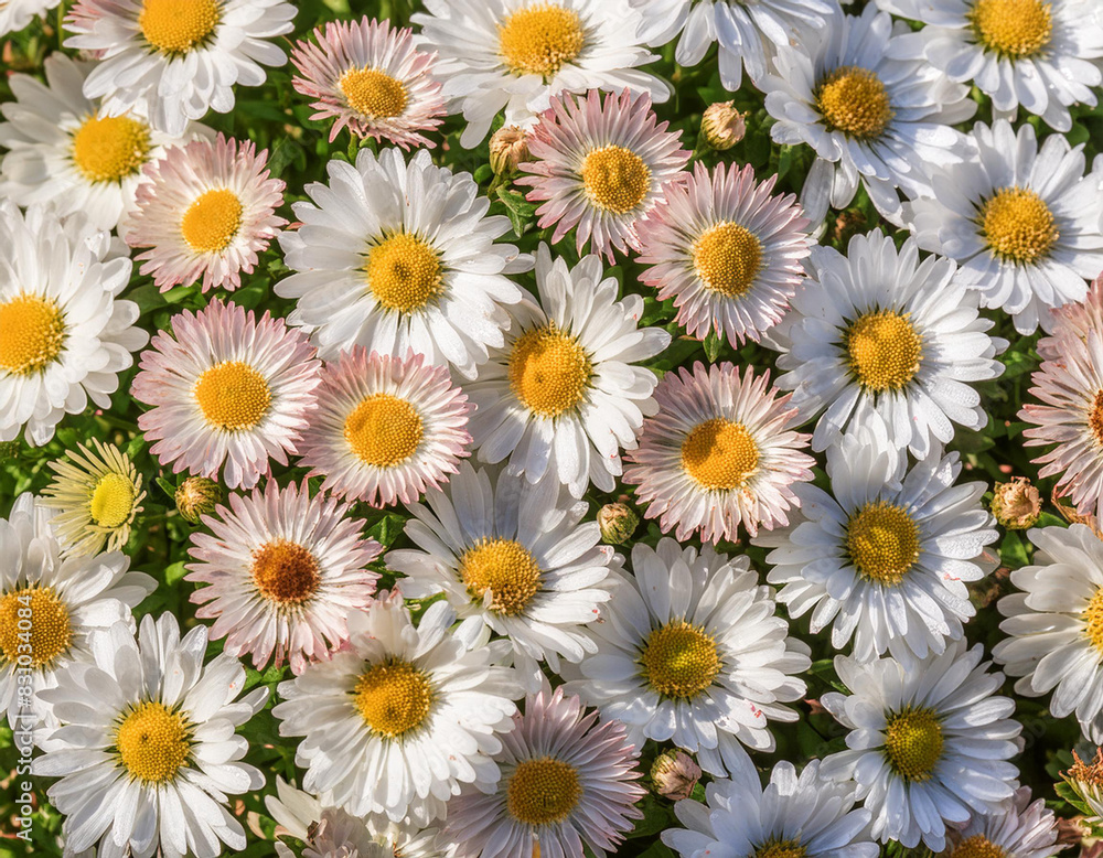 Top view of white and yellow daisies flowers backgrounds /wallpaper.  Colorful daisy flowers in bloom