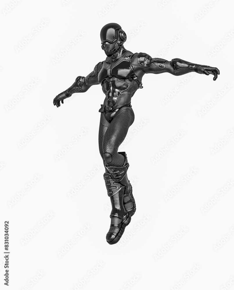 futuristic astronaut is floating and landing in white background futuristic astronaut is floating and landing in white background