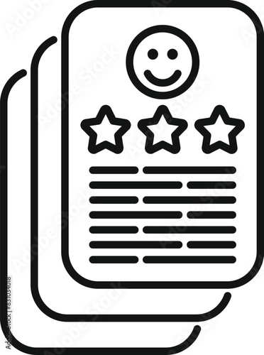 Black and white vector icon of a customer satisfaction form with a happy face and star rating