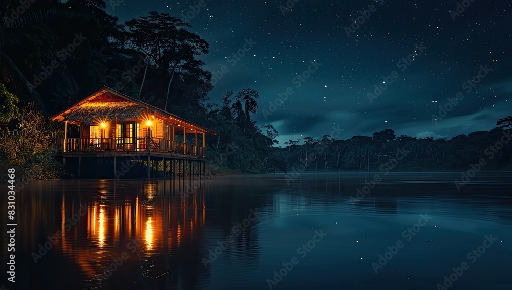 Fototapeta premium Riverside Cabin Under Starry Sky