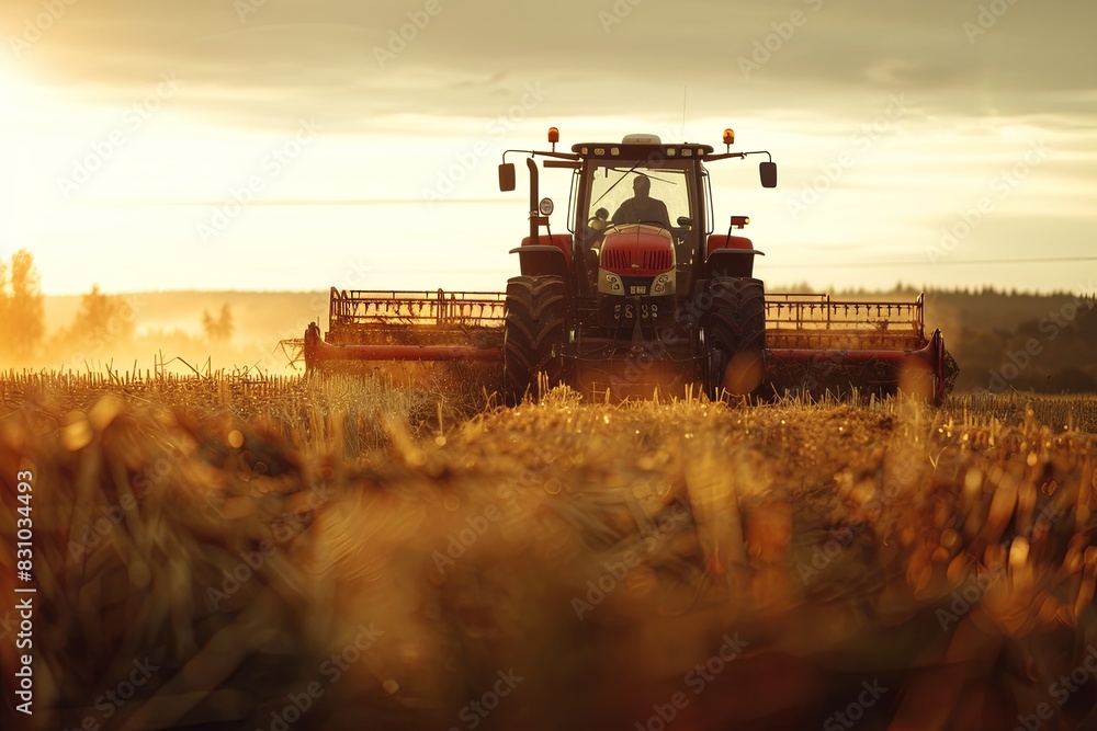 Fototapeta premium Tractor harvesting crops in a field during sunset