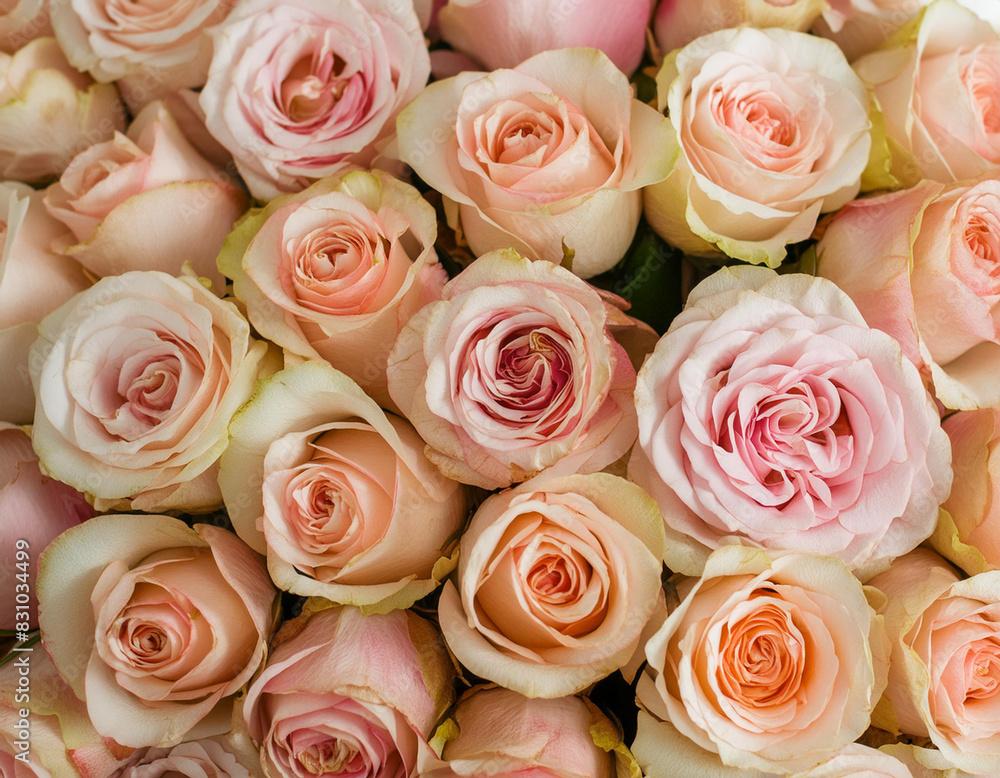 Top view of pale pink rose flowers backgrounds /wallpaper.  Colorful rose flowers in bloom