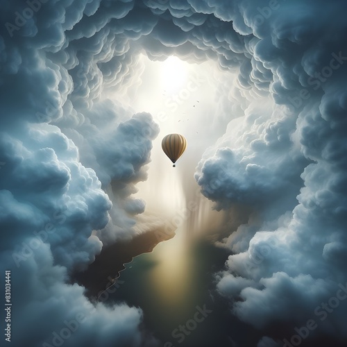 Hot air balloon flying through a stormy cloud
