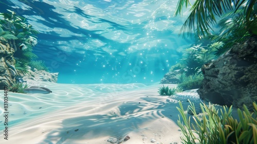 A pristine underwater scene showcasing a tropical blue ocean paired with white sand