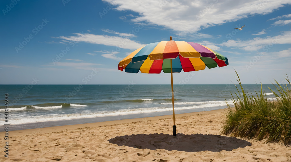 a rainbow colored umbrella is on the beach in the sand. a rainbow colored umbrella is on the beach in the sand.