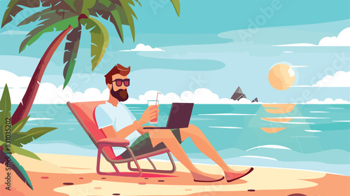 Man with laptop and drink resting on beach Business