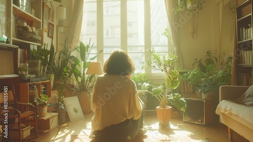 Serene Morning in a Sunlit Living Room with Woman Enjoying the View. Generative ai