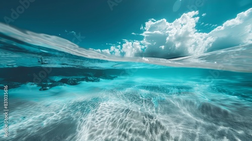 A pristine underwater scene showcasing a tropical blue ocean paired with white sand