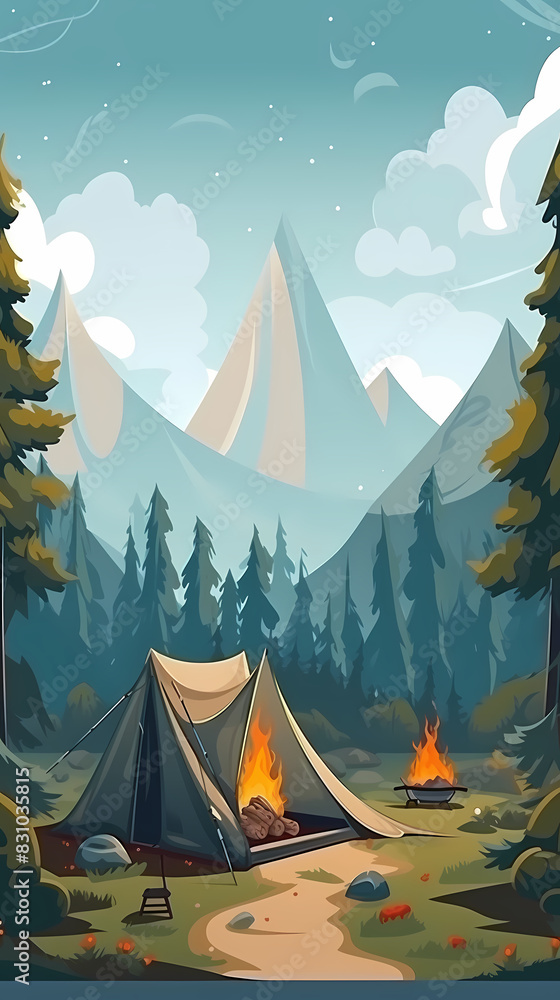 Vector camping tent in the forest.Summer camp with bonfire, tent, backpack . cartoon landscape with mountain, forest and campsite. Vector camping tent in the forest.Summer camp with bonfire, tent, backpack . cartoon landscape with mountain, forest and campsite.