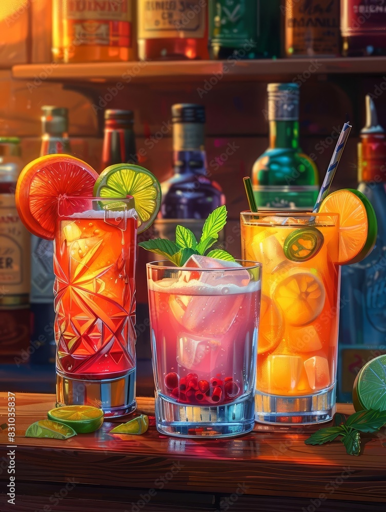 Three colorful cocktails with garnishes on a bar counter. Three colorful cocktails with garnishes on a bar counter.