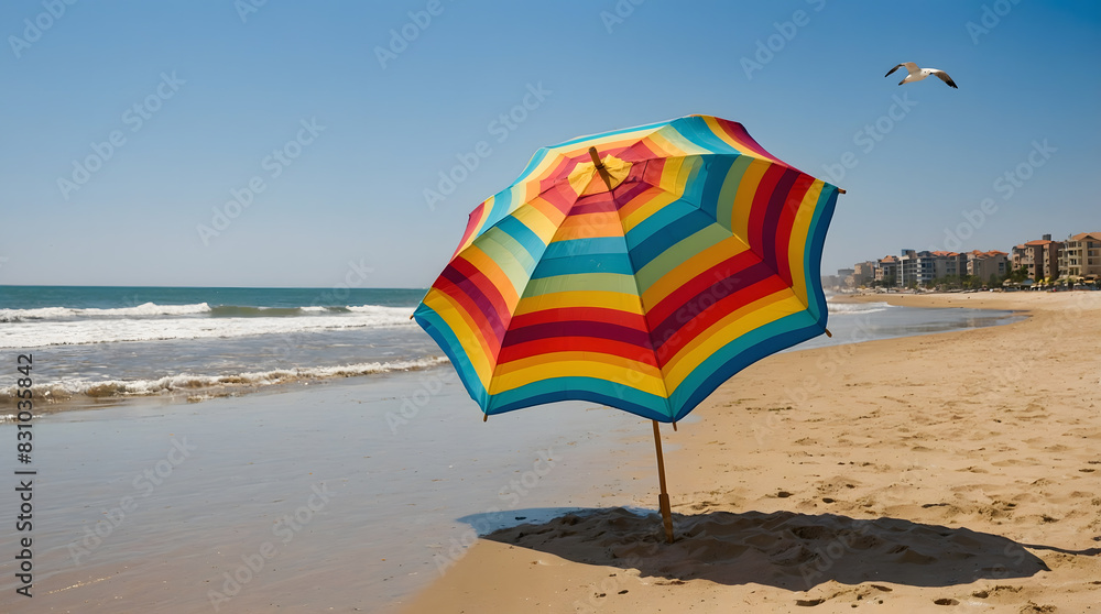 a colorful beach umbrella is open to the right of the picture. a colorful beach umbrella is open to the right of the picture.