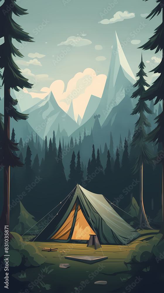 Vector camping tent in the forest.Summer camp with bonfire, tent, backpack . cartoon landscape with mountain, forest and campsite. Vector camping tent in the forest.Summer camp with bonfire, tent, backpack . cartoon landscape with mountain, forest and campsite.