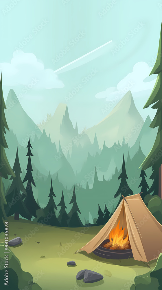 Vector camping tent in the forest.Summer camp with bonfire, tent, backpack . cartoon landscape with mountain, forest and campsite. Vector camping tent in the forest.Summer camp with bonfire, tent, backpack . cartoon landscape with mountain, forest and campsite.
