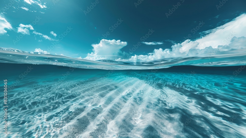 A pristine underwater scene showcasing a tropical blue ocean paired with white sand