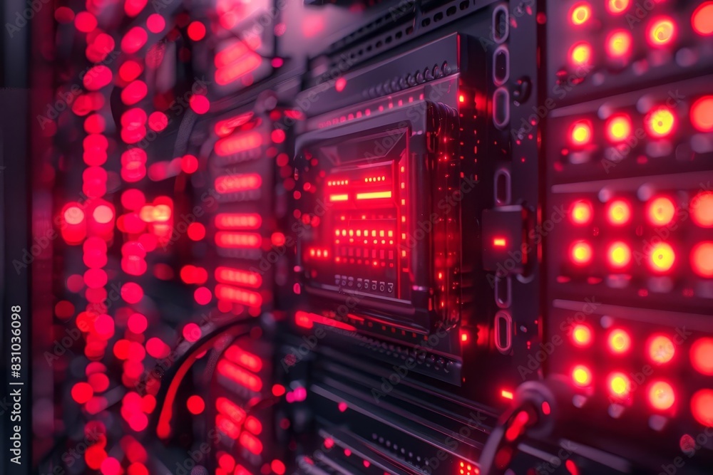 Obraz premium Closeup of a server rack with red lights, showcasing data processing and technology.