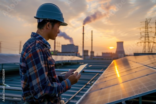 Engineer Inspecting Solar Panels at Sunset in Industrial Area