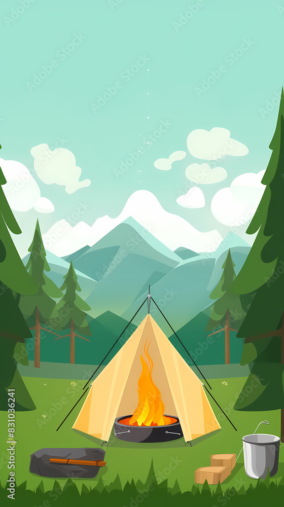 Vector camping tent in the forest.Summer camp with bonfire, tent, backpack . cartoon landscape with mountain, forest and campsite. Vector camping tent in the forest.Summer camp with bonfire, tent, backpack . cartoon landscape with mountain, forest and campsite.