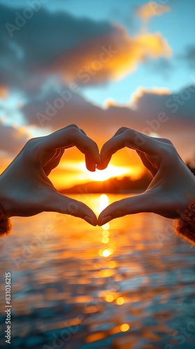 Heart shape made of hands against backdrop of sunset over water  symbolize love and connection.