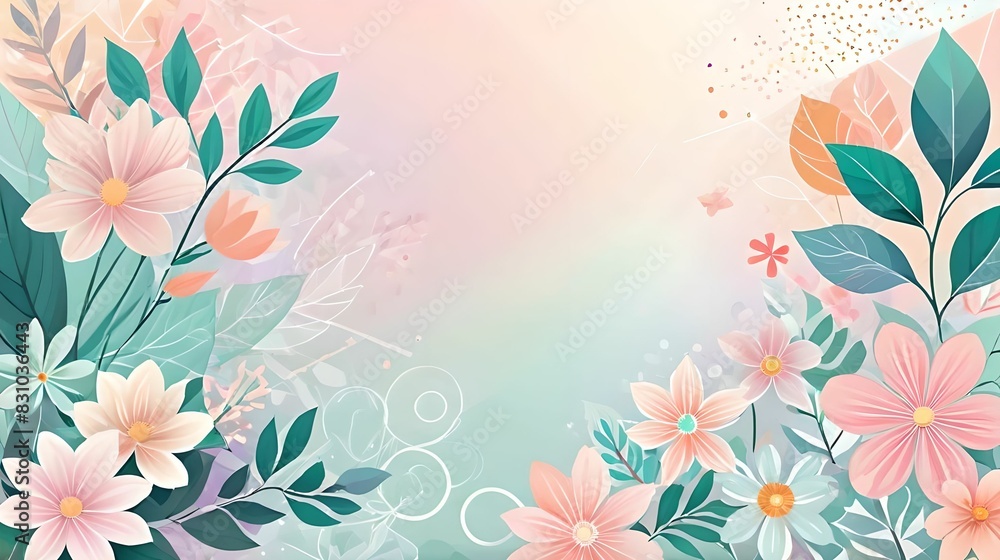 Abstract soft floral background with flowers, leaves and various geometric shapes in pastel soft colors