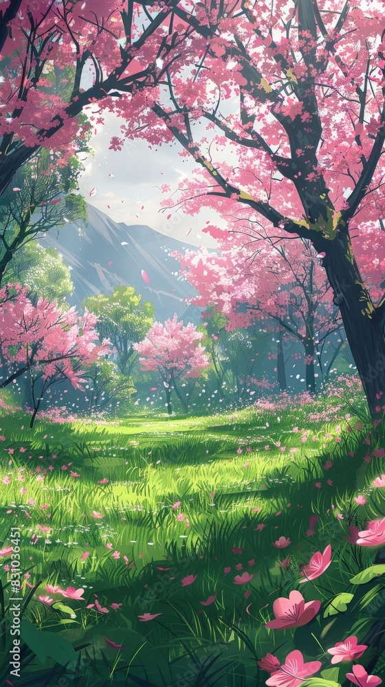 A tranquil spring landscape featuring a meadow filled with vibrant, blooming flowers and lush greenery. Cherry blossoms are in full bloom, their delicate pink petals contrasting against the deep