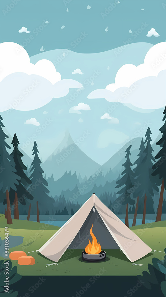 Vector camping tent in the forest.Summer camp with bonfire, tent, backpack . cartoon landscape with mountain, forest and campsite. Vector camping tent in the forest.Summer camp with bonfire, tent, backpack . cartoon landscape with mountain, forest and campsite.