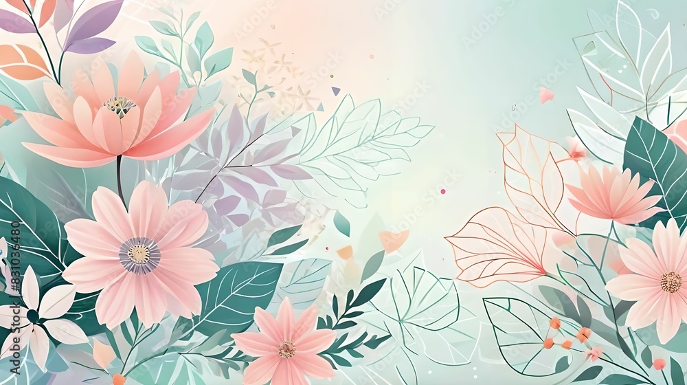 Abstract soft floral background with flowers, leaves and various geometric shapes in pastel soft colors Abstract soft floral background with flowers, leaves and various geometric shapes in pastel soft colors