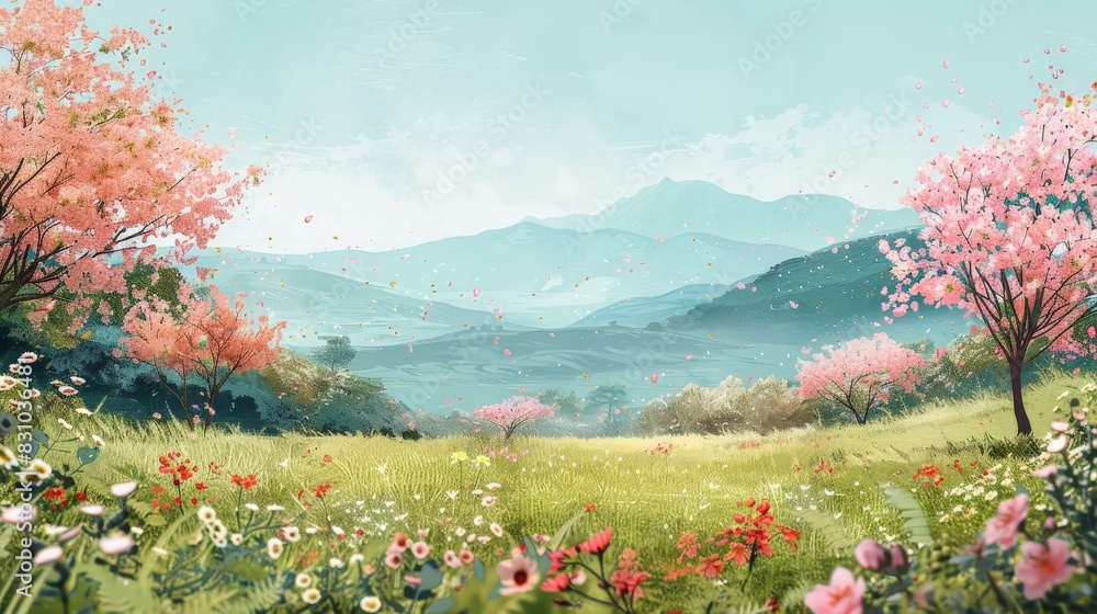 An idyllic springtime nature scene showcasing a peaceful meadow with a variety of colorful flowers in full bloom. The sky is clear and blue, casting a serene light over the landscape. Cherry blossoms