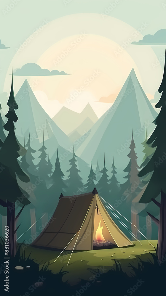 Vector camping tent in the forest.Summer camp with bonfire, tent, backpack . cartoon landscape with mountain, forest and campsite. Vector camping tent in the forest.Summer camp with bonfire, tent, backpack . cartoon landscape with mountain, forest and campsite.