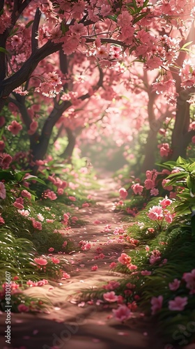 A serene spring garden filled with blooming flowers and lush greenery. Cherry blossoms are scattered throughout, adding a soft pink hue to the scene. The sun shines brightly, highlighting the vibrant