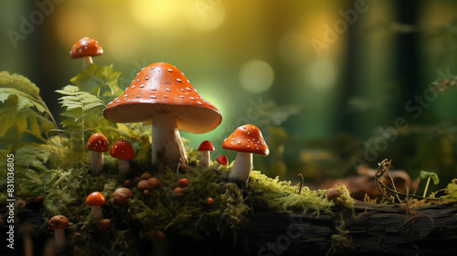 A group of red mushrooms are on a log in a forest. The mushrooms are all different sizes and are scattered around the log.