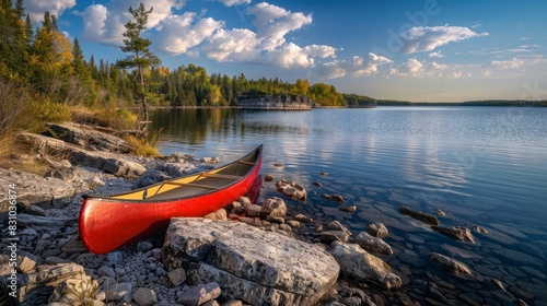 A red canoe rests on a rocky shore by a calm blue lake Warsaw, Poland