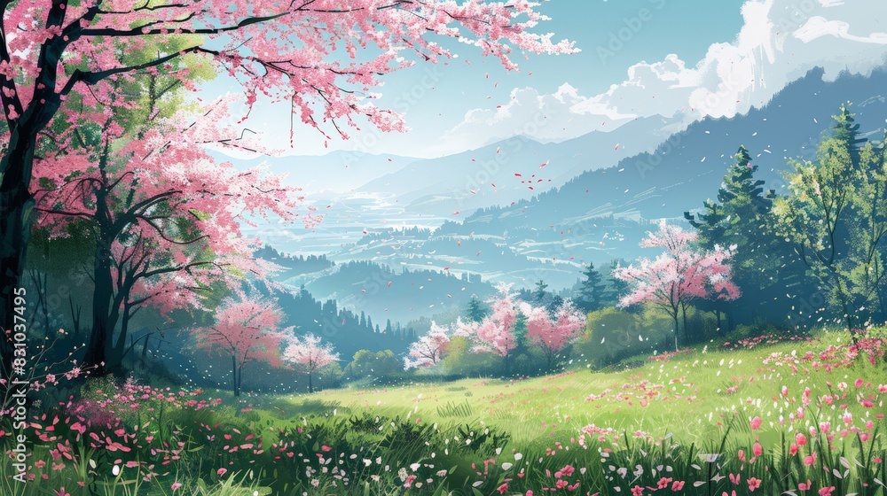 A serene spring landscape with blooming flowers and lush greenery. Cherry blossoms are in full bloom, adding a touch of elegance to the scene. The fresh meadows and vibrant colors create a peaceful