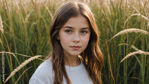 a young girl facing the front in a reed field